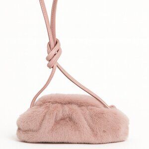 Blush Pink Faux Fur Pouch Crossbody Bag – Leather Strap, Bottega Style, Small